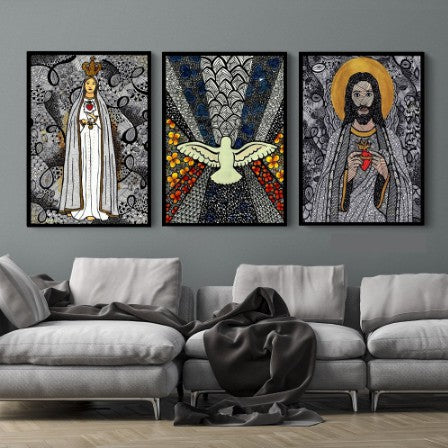 Quadros Decorativos Religioso Nossa Senhora Espirito Santo Jesus 3 Peças